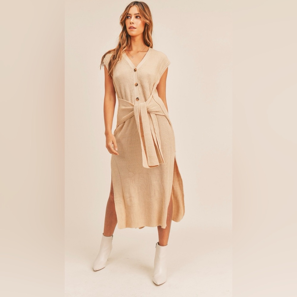 Mable Camel Chunky Knit Ribbed Tie‎ Front Midi Sweater Dress Preppy Effortless
